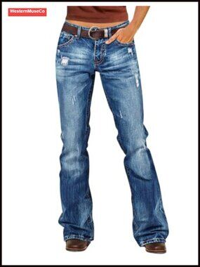 Mid Rise Ripped Bootcut Jeans Butt-Lifting Stretch Denim